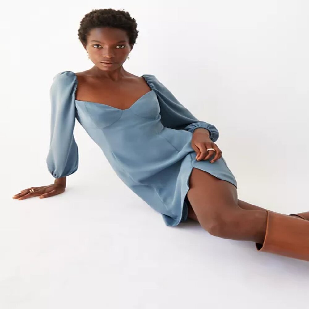 Aritzia Blue Satin Puff-Sleeve Mini Dress - Picture 3 of 9
